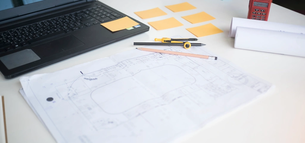 Planos técnicos desplegados junto a un portátil sobre una mesa de trabajo
