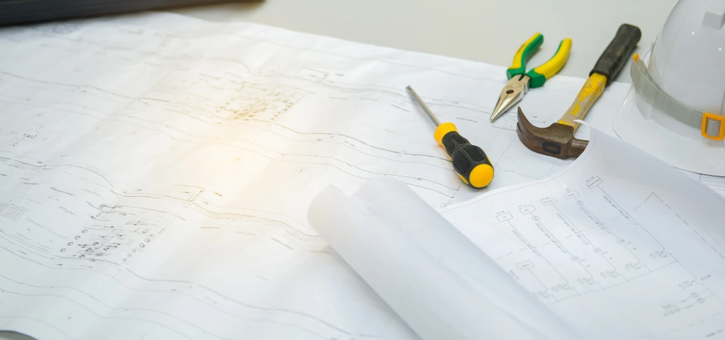 Diseño web para empresas B2B con fichas técnicas y wireframes sobre una mesa de trabajo